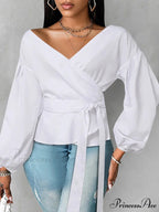 Vestment Sleeve Frilled Cinched Monochrome Blouse
