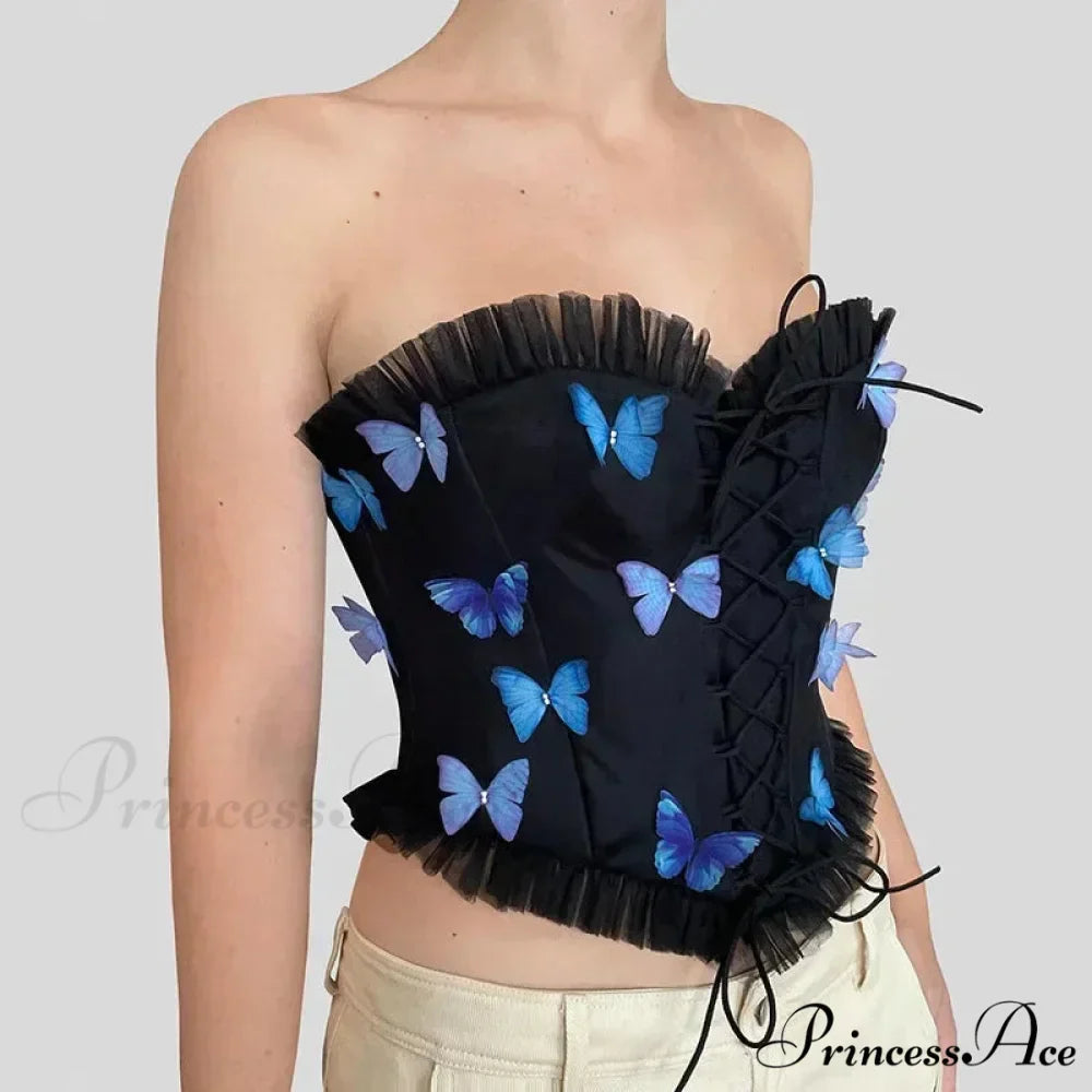 Vibrant Butterfly Patches Mesh Frill Crop Top