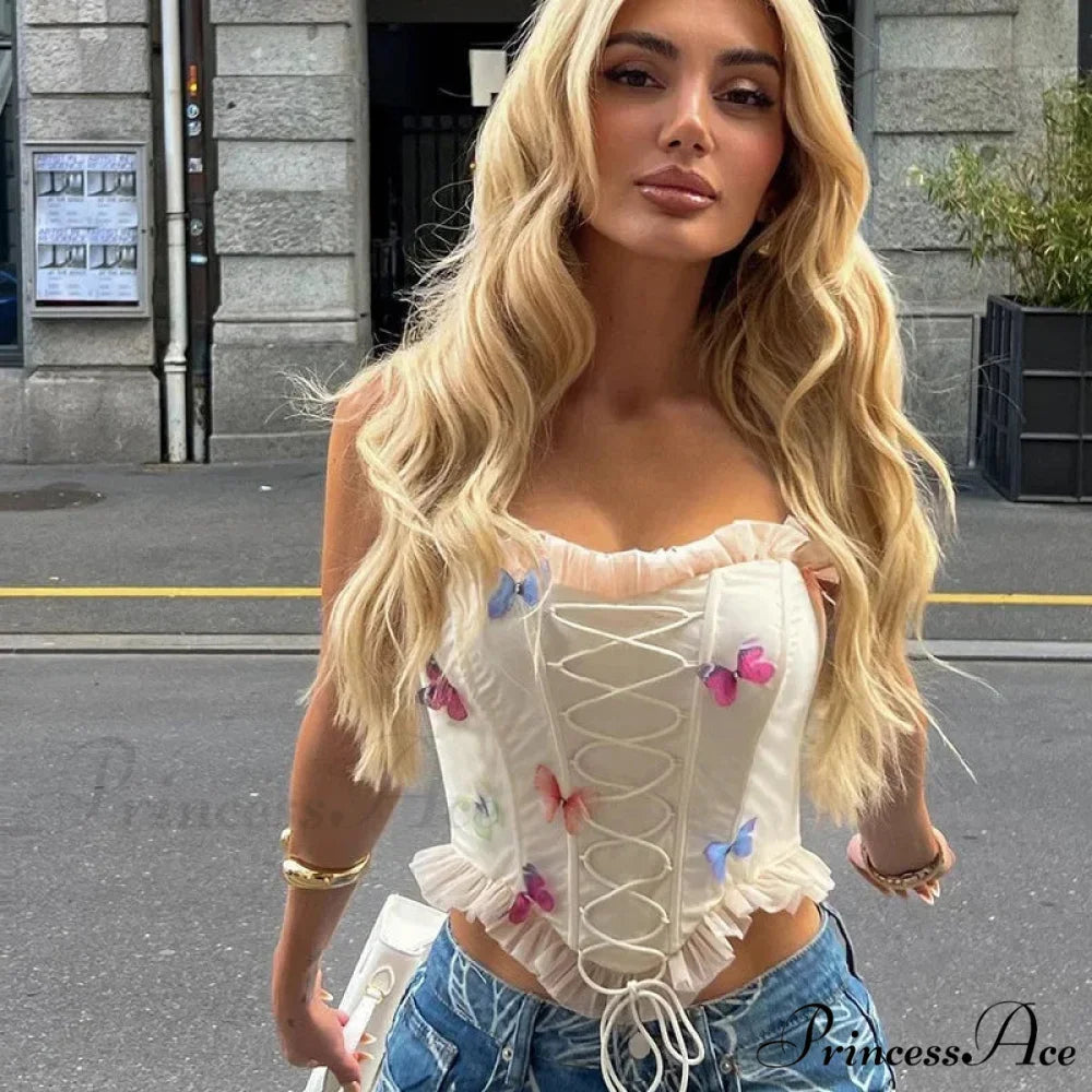 Vibrant Butterfly Patches Mesh Frill Crop Top