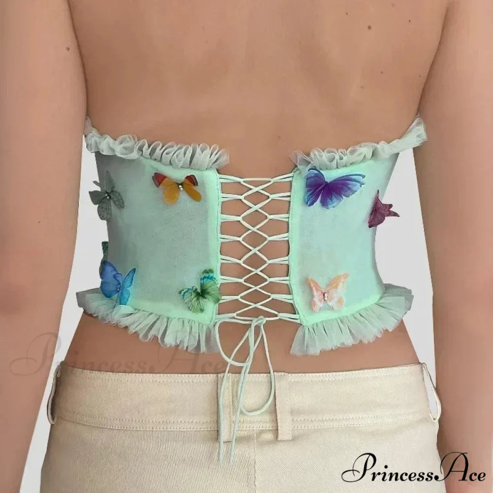 Vibrant Butterfly Patches Mesh Frill Crop Top