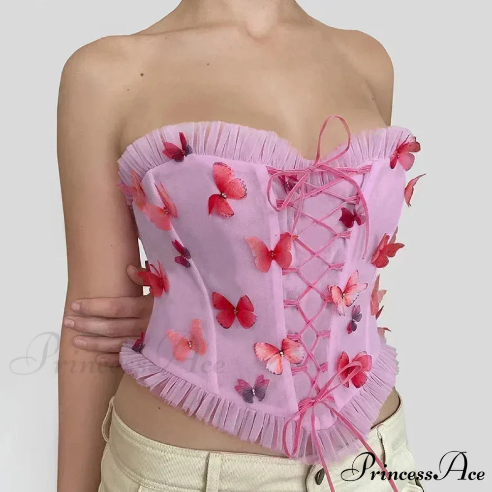 Vibrant Butterfly Patches Mesh Frill Crop Top