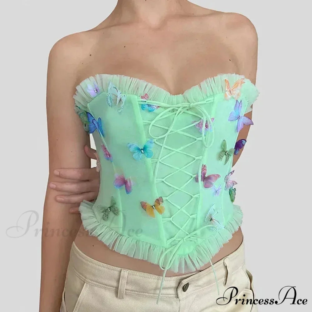 Vibrant Butterfly Patches Mesh Frill Crop Top