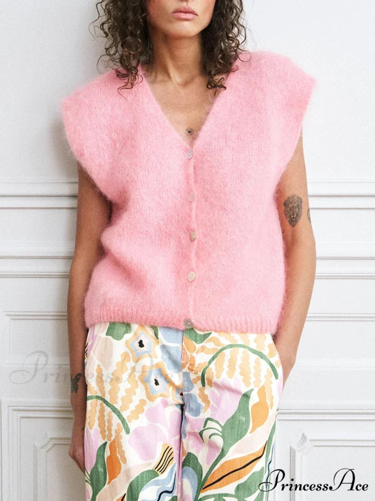Vibrant Hairy Button-Up Sleeveless Cardigan
