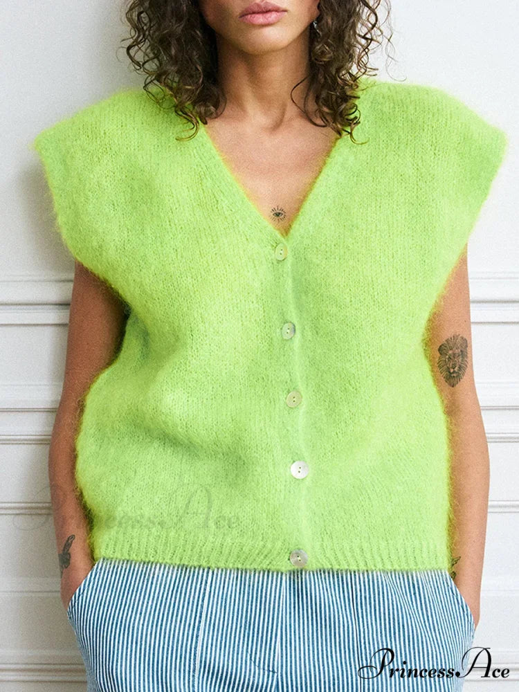 Vibrant Hairy Button-Up Sleeveless Cardigan