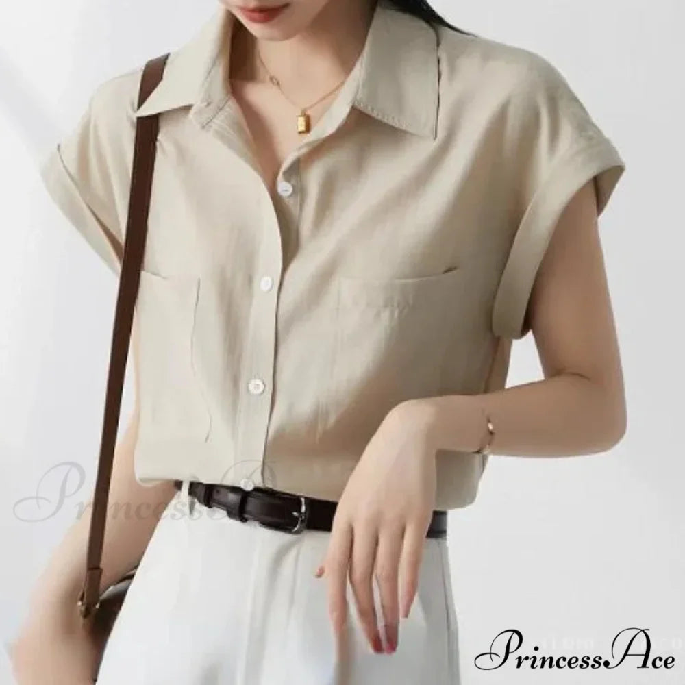 Vintage Baggy Collar Pocket Short Sleeve Blouse