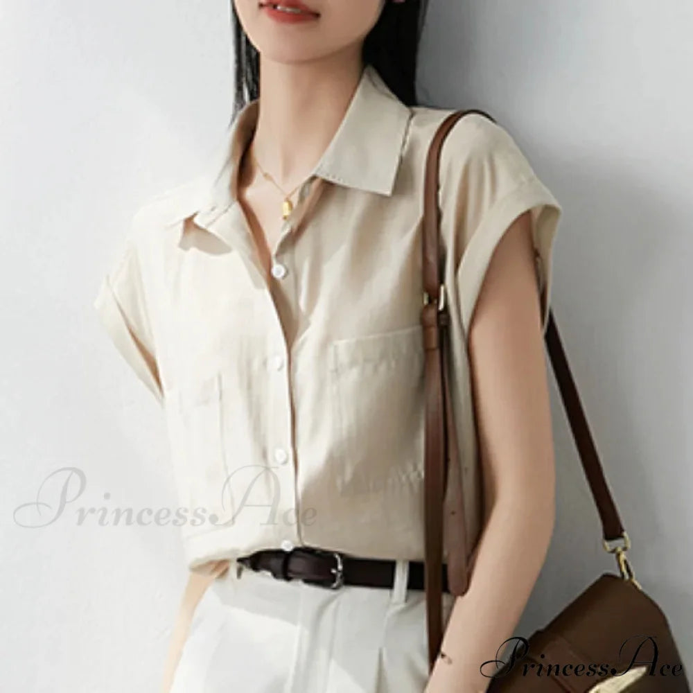 Vintage Baggy Collar Pocket Short Sleeve Blouse