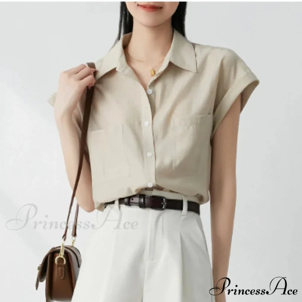 Vintage Baggy Collar Pocket Short Sleeve Blouse