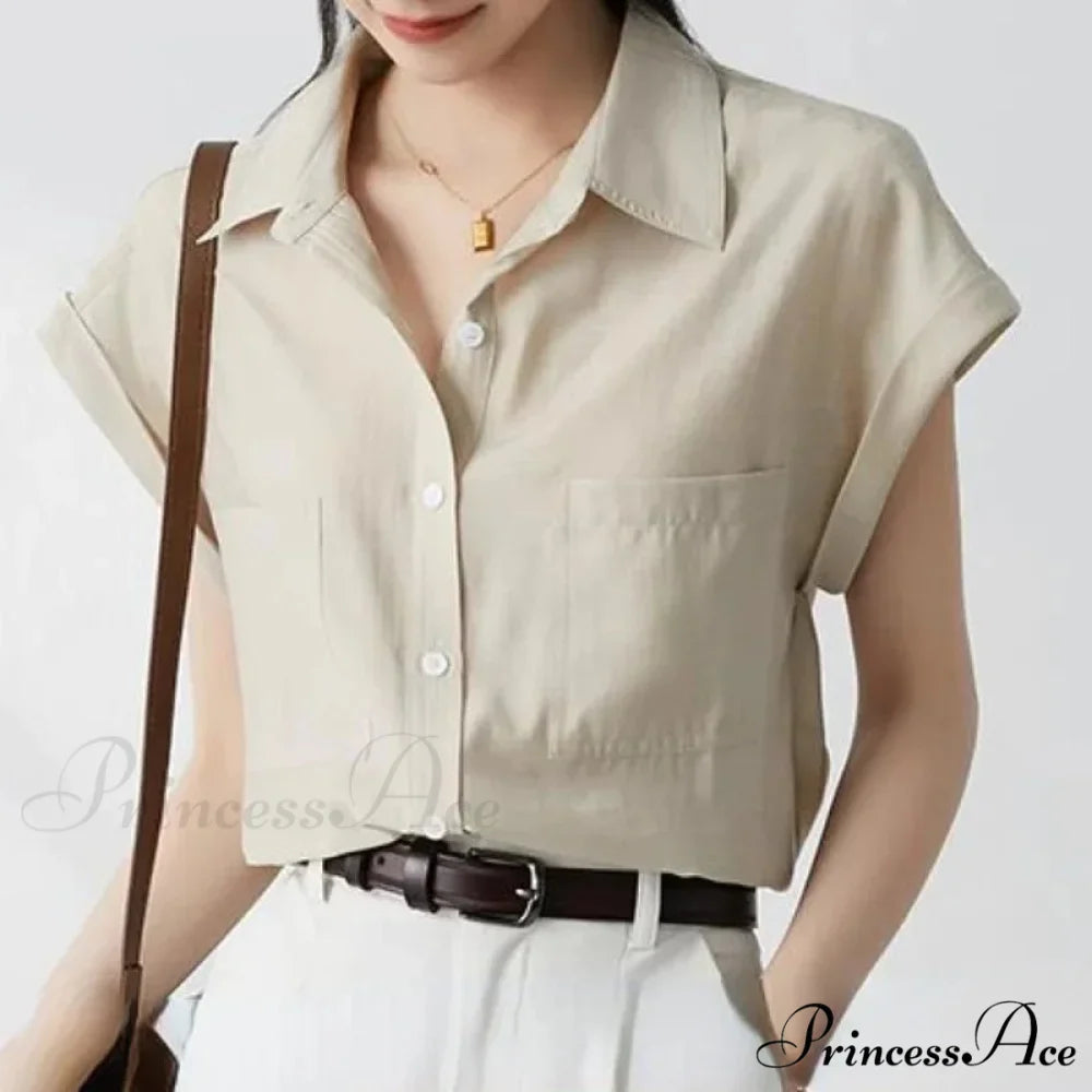 Vintage Baggy Collar Pocket Short Sleeve Blouse