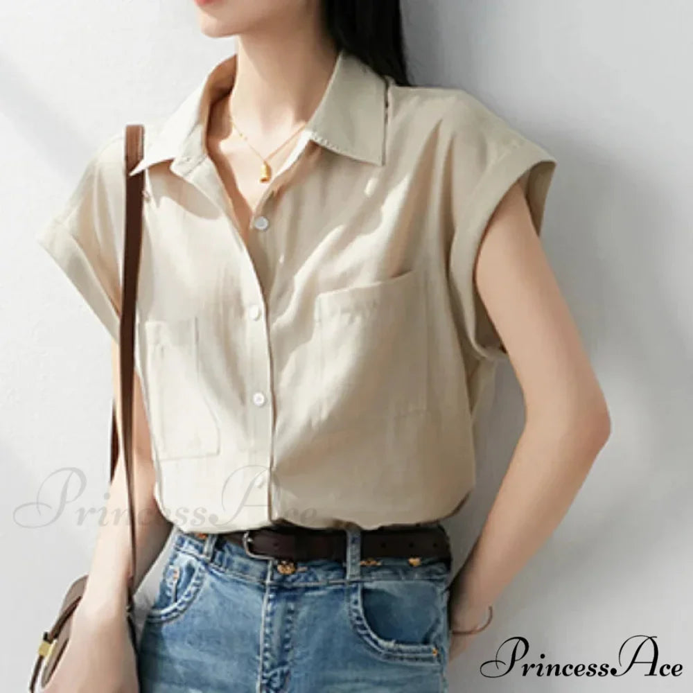 Vintage Baggy Collar Pocket Short Sleeve Blouse
