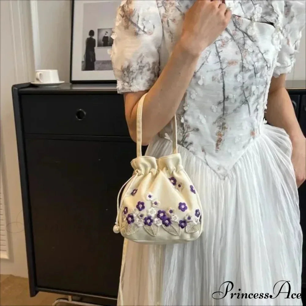 Vintage Blossom Stitched Lace Cinch Bucket Purse