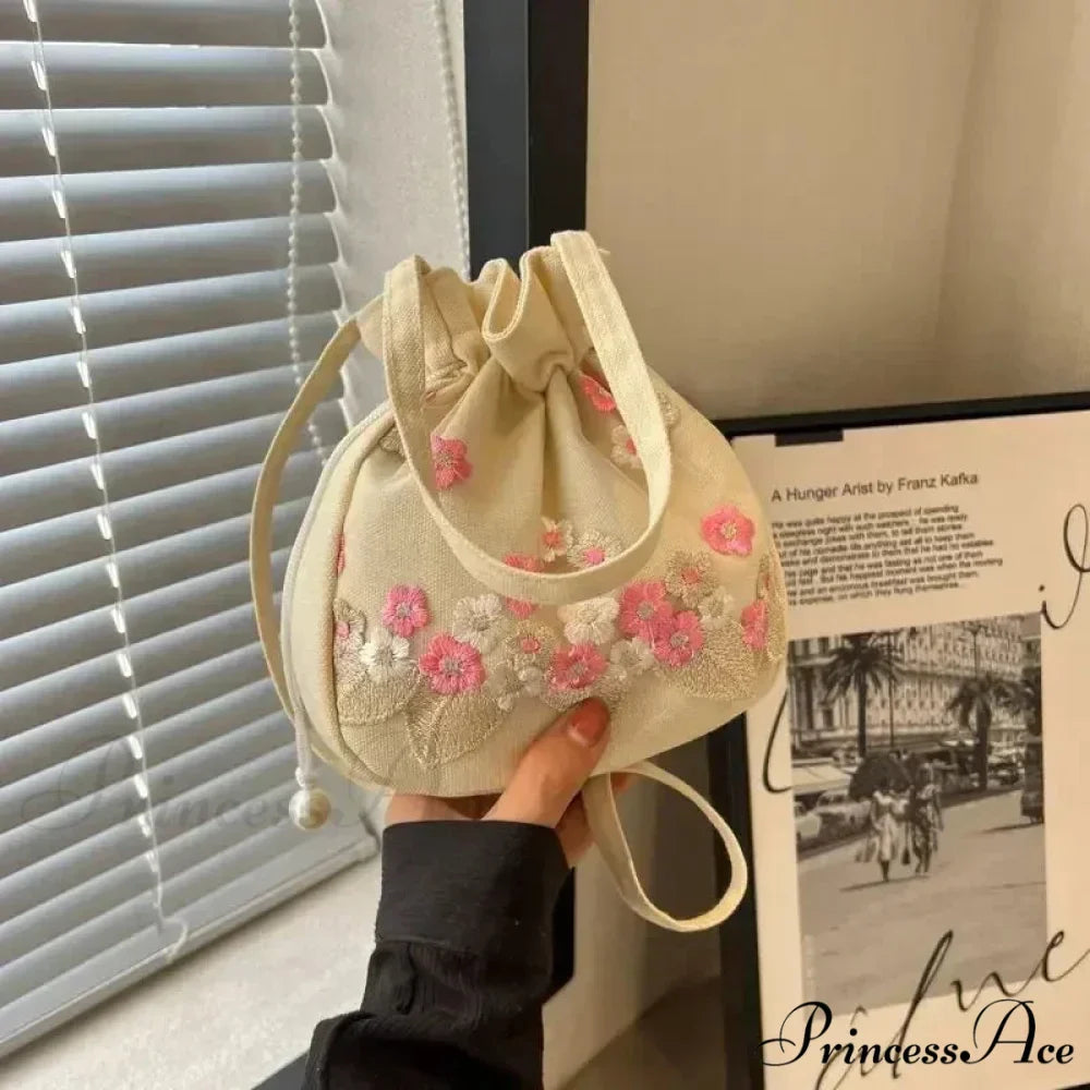 Vintage Blossom Stitched Lace Cinch Bucket Purse