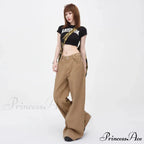 Vintage Brown Loose Wide Leg Mid-waist Women Elegant Chic Jeans