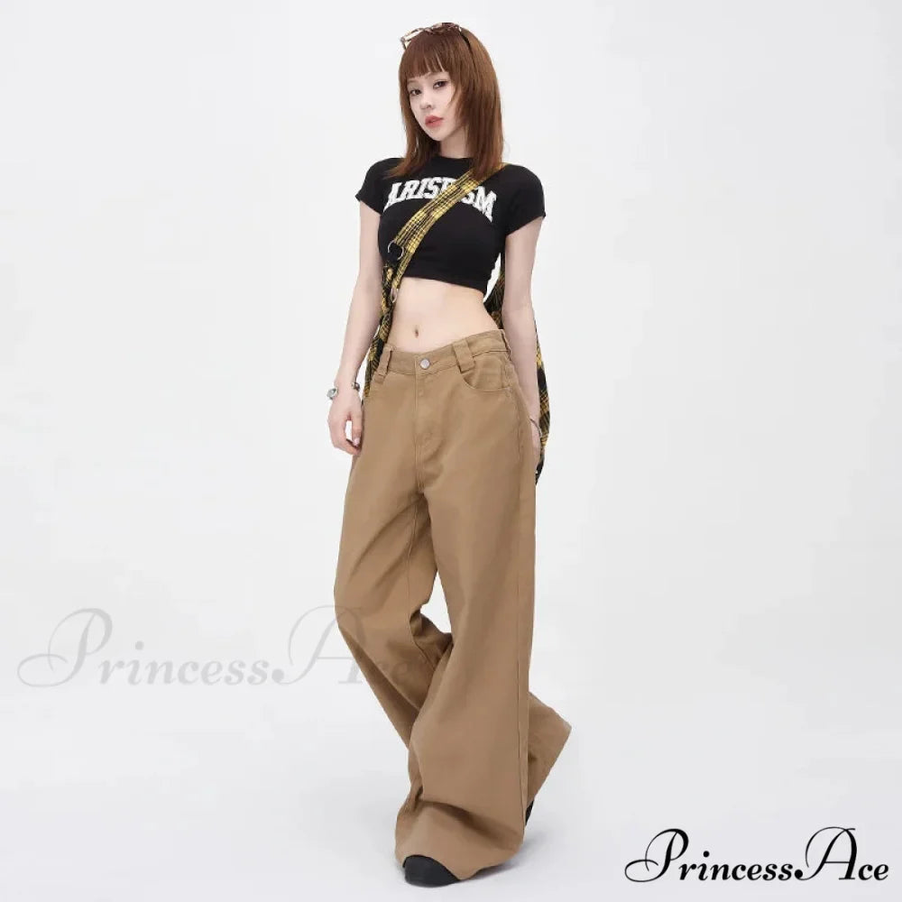 Vintage Brown Loose Wide Leg Mid-waist Women Elegant Chic Jeans