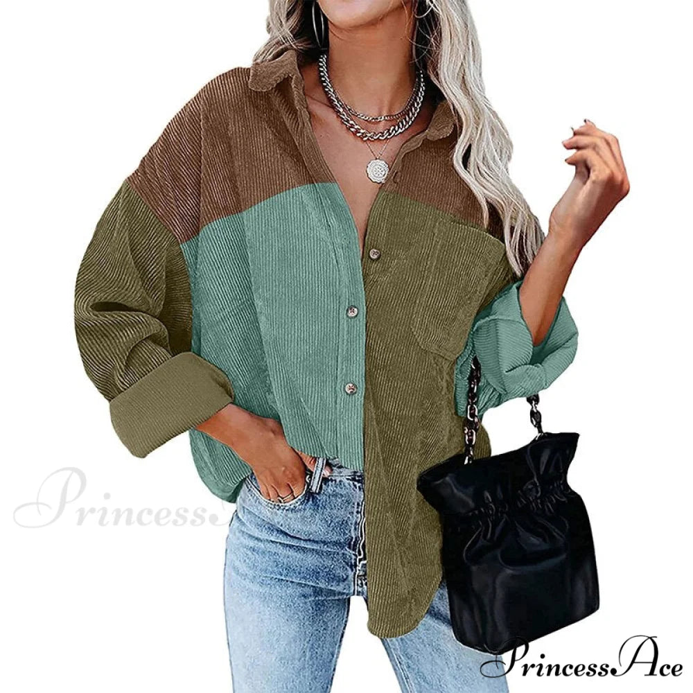 Vintage Color Block Patchwork Corduroy Shirt