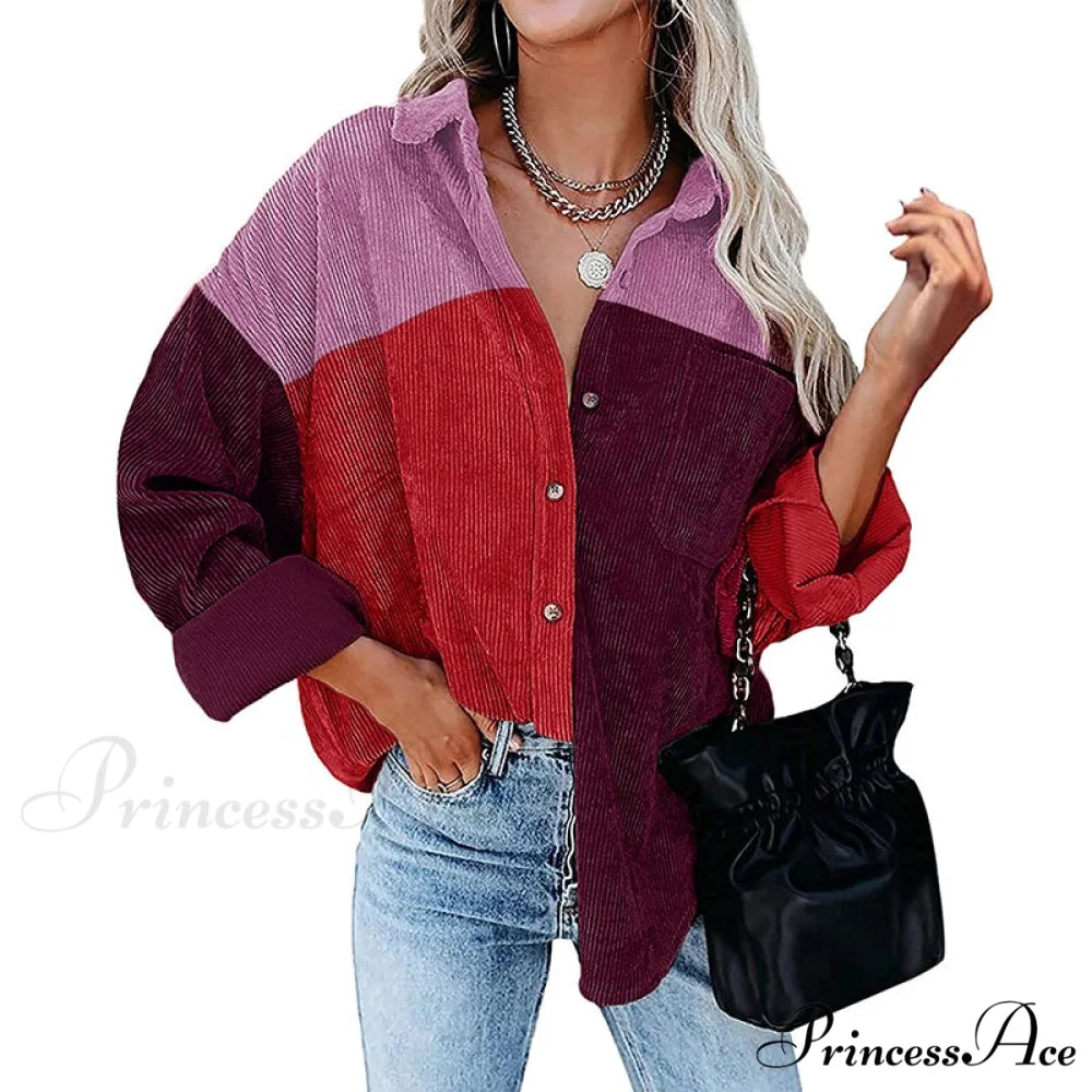 Vintage Color Block Patchwork Corduroy Shirt