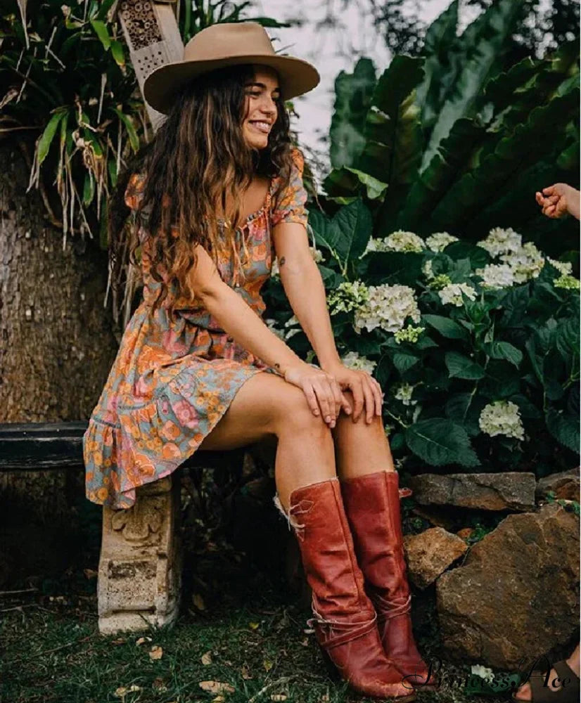 Vintage Cotton Rayon Orange Floral Print Summer Dress