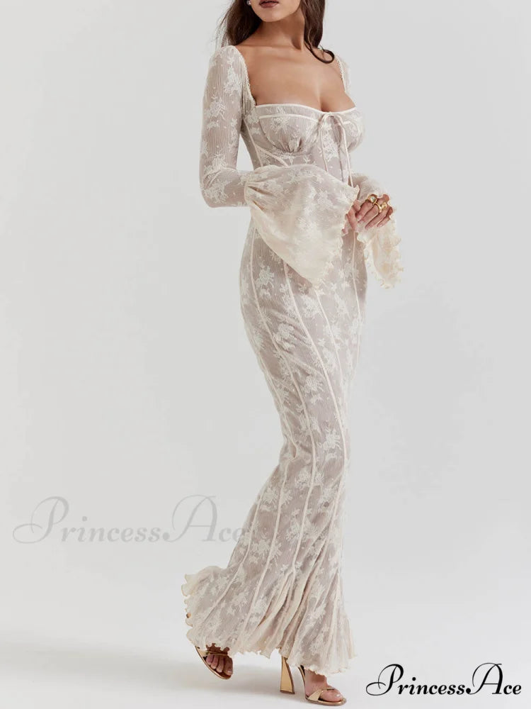 Vintage Cream Stylish Lace Maxi Dress