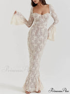Vintage Cream Stylish Lace Maxi Dress