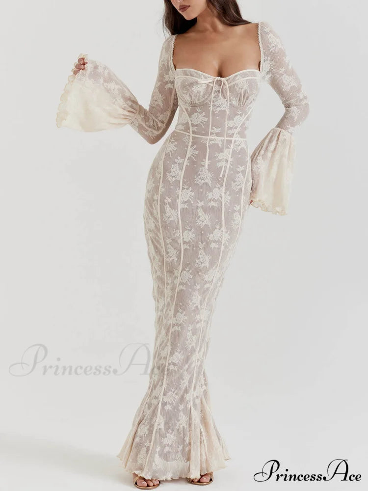 Vintage Cream Stylish Lace Maxi Dress