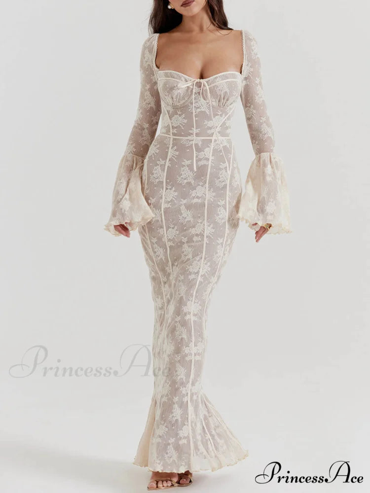 Vintage Cream Stylish Lace Maxi Dress