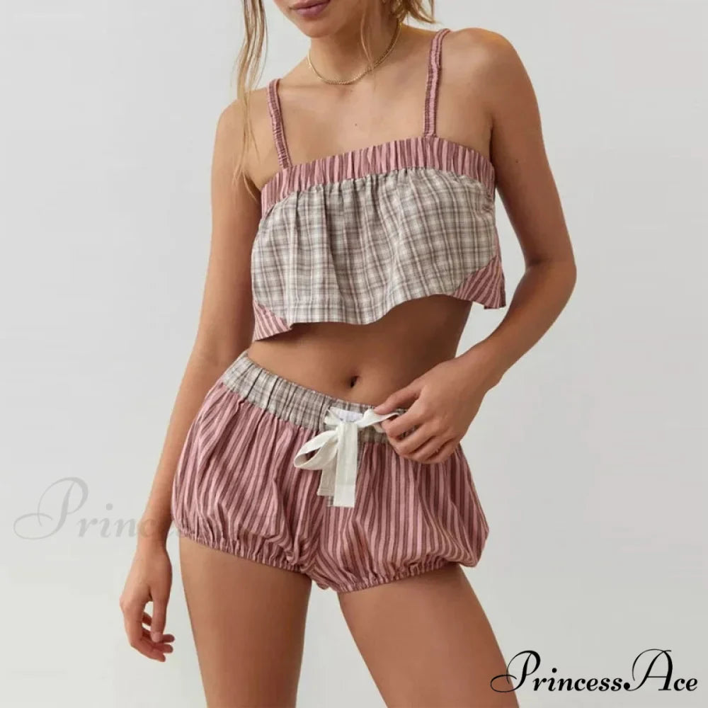 Vintage Cute Plaid Patchwork Camis Crop Top Shorts Two Pieces Set