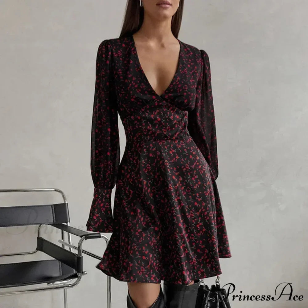 Vintage Deep V Extended-Sleeve Floral Dress