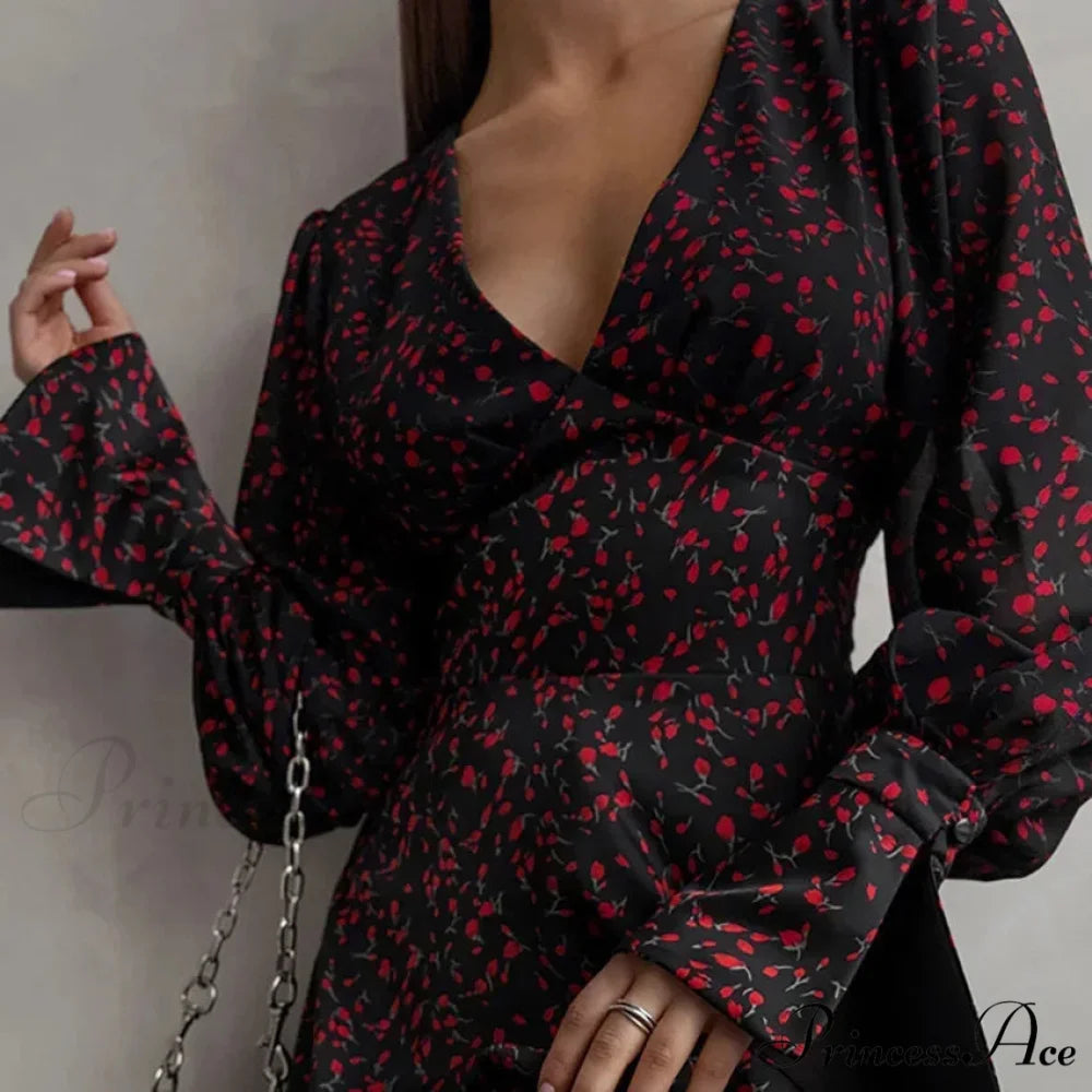 Vintage Deep V Extended-Sleeve Floral Dress