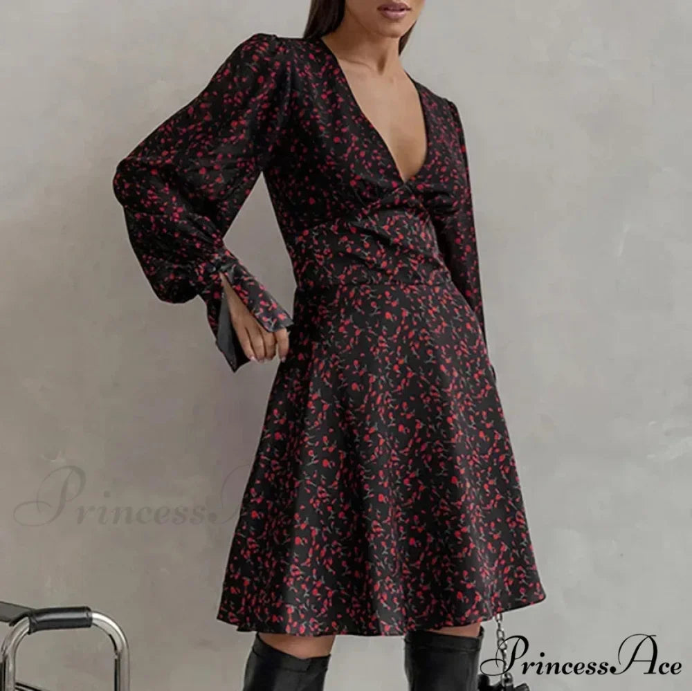 Vintage Deep V Extended-Sleeve Floral Dress