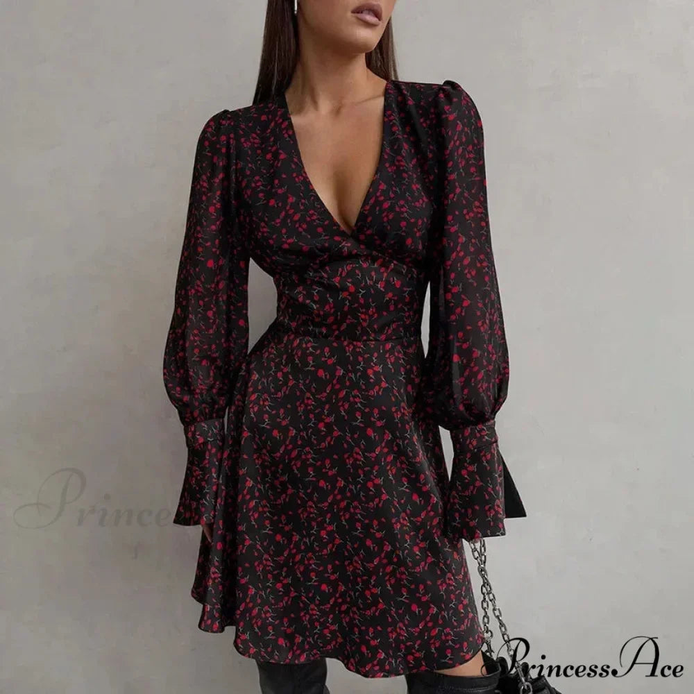 Vintage Deep V Extended-Sleeve Floral Dress