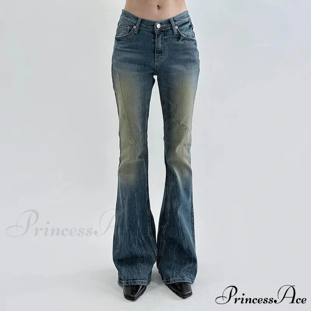 Vintage Denim Flare For Women Fashion Streetwear High Waist Hit Color Slim Female Autumn 2024 Jean