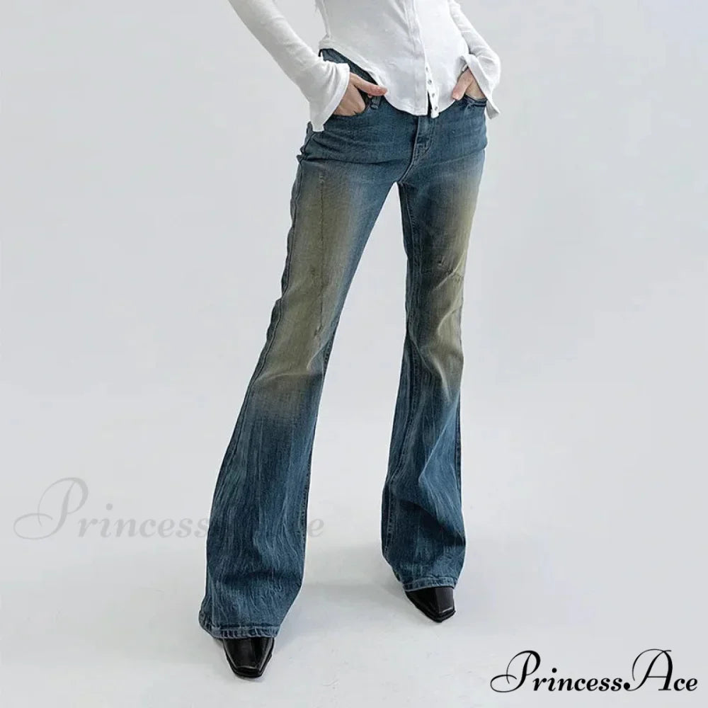Vintage Denim Flare For Women Fashion Streetwear High Waist Hit Color Slim Female Autumn 2024 Jean