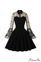 Vintage Dress with Mesh Embroidery and Flare Sleeves