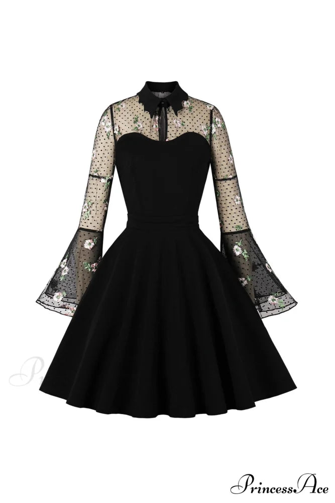 Vintage Dress with Mesh Embroidery and Flare Sleeves