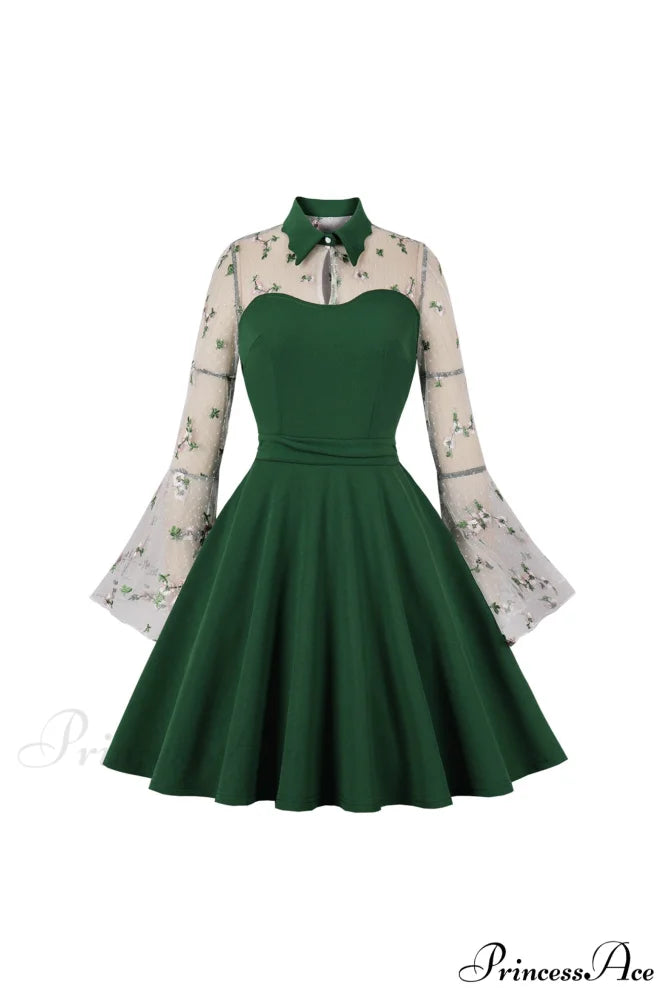 Vintage Dress with Mesh Embroidery and Flare Sleeves