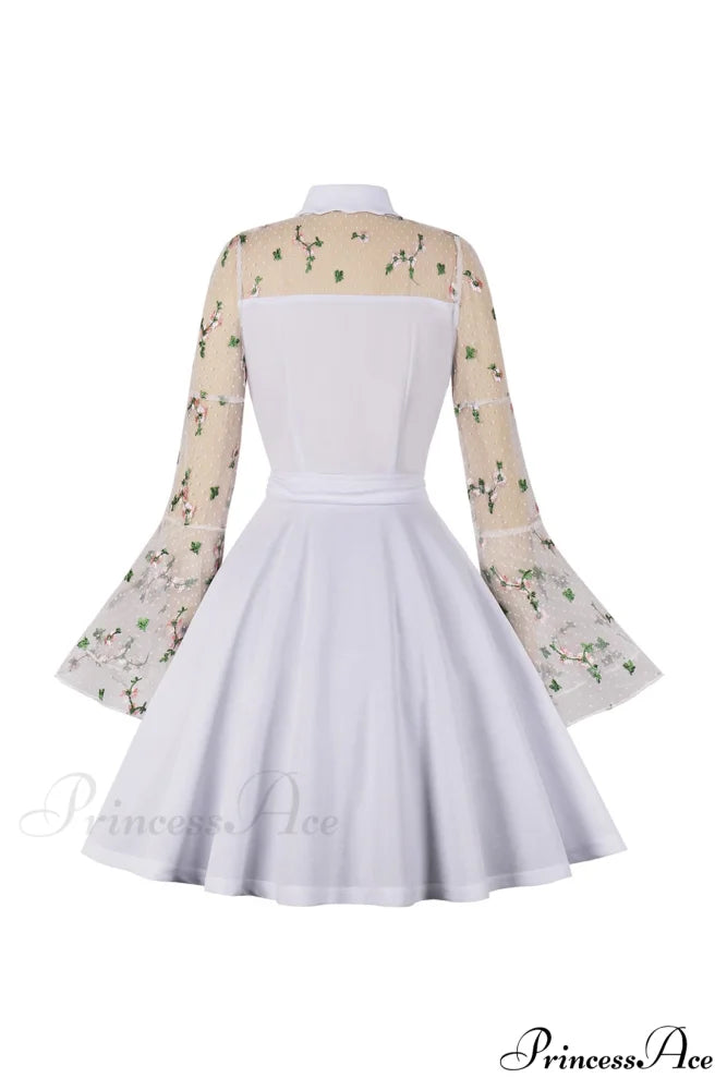 Vintage Dress with Mesh Embroidery and Flare Sleeves