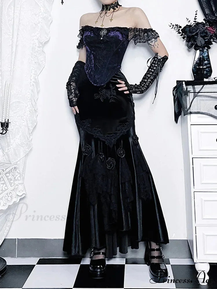 Vintage Elegant Trumpet Women Mall Goth Florals Patchwork High Waist Aesthetic Fairycore Skirt