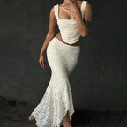 Vintage Floral Lace Corset Top and Skirt Sets Sexy Backless Bandage Midi Dress