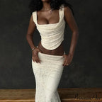 Vintage Floral Lace Corset Top and Skirt Sets Sexy Backless Bandage Midi Dress