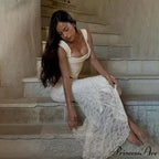 Vintage Floral Lace Corset Top and Skirt Sets Sexy Backless Bandage Midi Dress