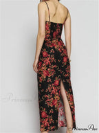 Vintage Floral Print for Women Sleeveless Spaghetti Strap Simmer Back Split Cocktail Party Vestidos