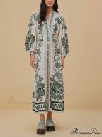 Vintage Floral Print Lantern Graceful Long Sleeve Midi Dress