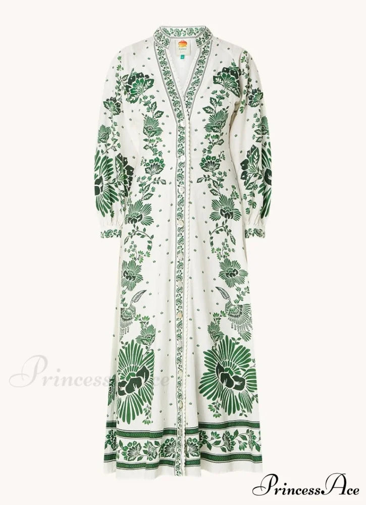 Vintage Floral Print Lantern Graceful Long Sleeve Midi Dress