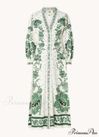 Vintage Floral Print Lantern Graceful Long Sleeve Midi Dress