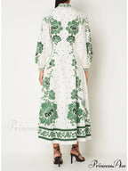 Vintage Floral Print Lantern Graceful Long Sleeve Midi Dress