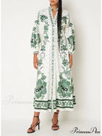 Vintage Floral Print Lantern Graceful Long Sleeve Midi Dress