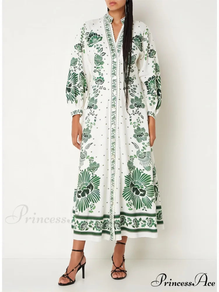 Vintage Floral Print Lantern Graceful Long Sleeve Midi Dress