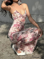 Vintage Flower Pattern Camisole Open-Back Wrap Flower Dress