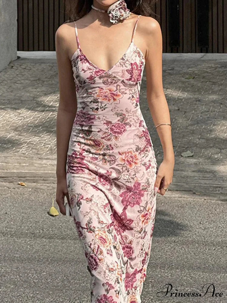 Vintage Flower Pattern Camisole Open-Back Wrap Flower Dress