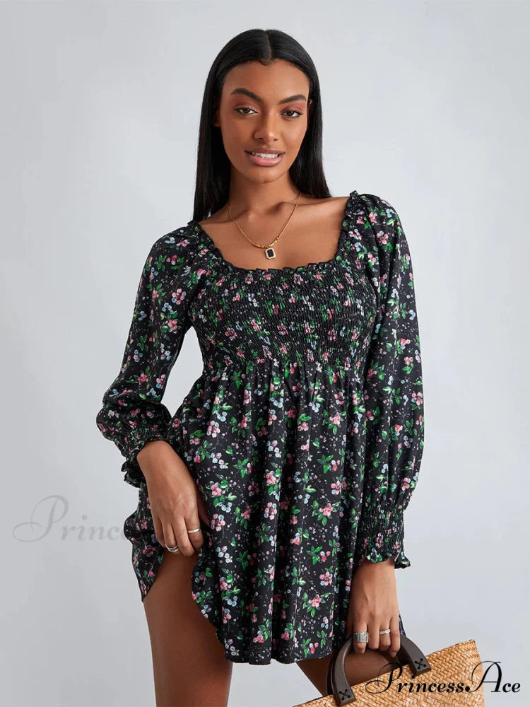 Vintage Flower Pattern Frilled Edge Square Neck Flared Short Flower Dress