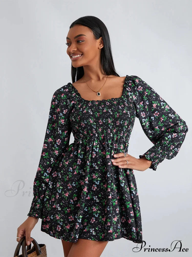 Vintage Flower Pattern Frilled Edge Square Neck Flared Short Flower Dress